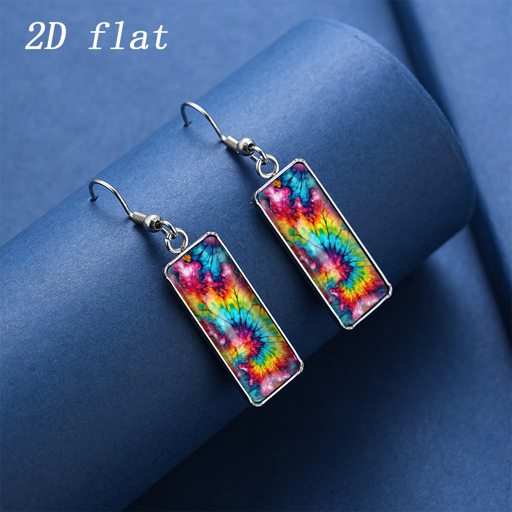 Rainbow Gradient Tie Dye Swirl Pattern Glass Cabochon Earrings